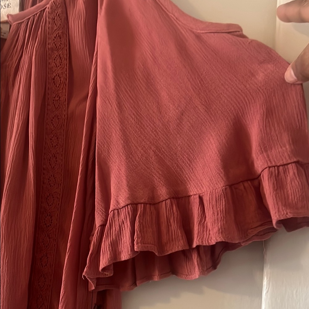 Flowy Ruffle Cold Shoulder Top in Rust - Picture 3 of 5